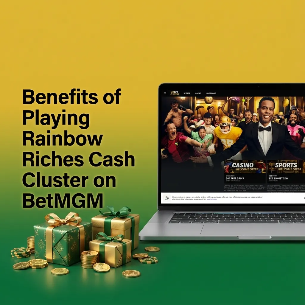 Promo banner for BetMGM’s Rainbow Riches Cash Cluster game highlighting UK-licensed play and player safety benefits