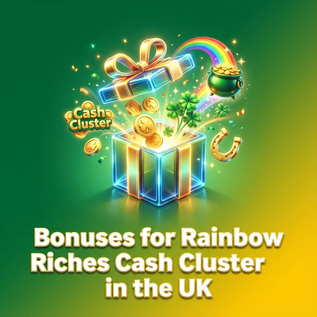 UK casino promos for Rainbow Riches Cash Cluster slots, showing bonuses, free spins and wagering terms