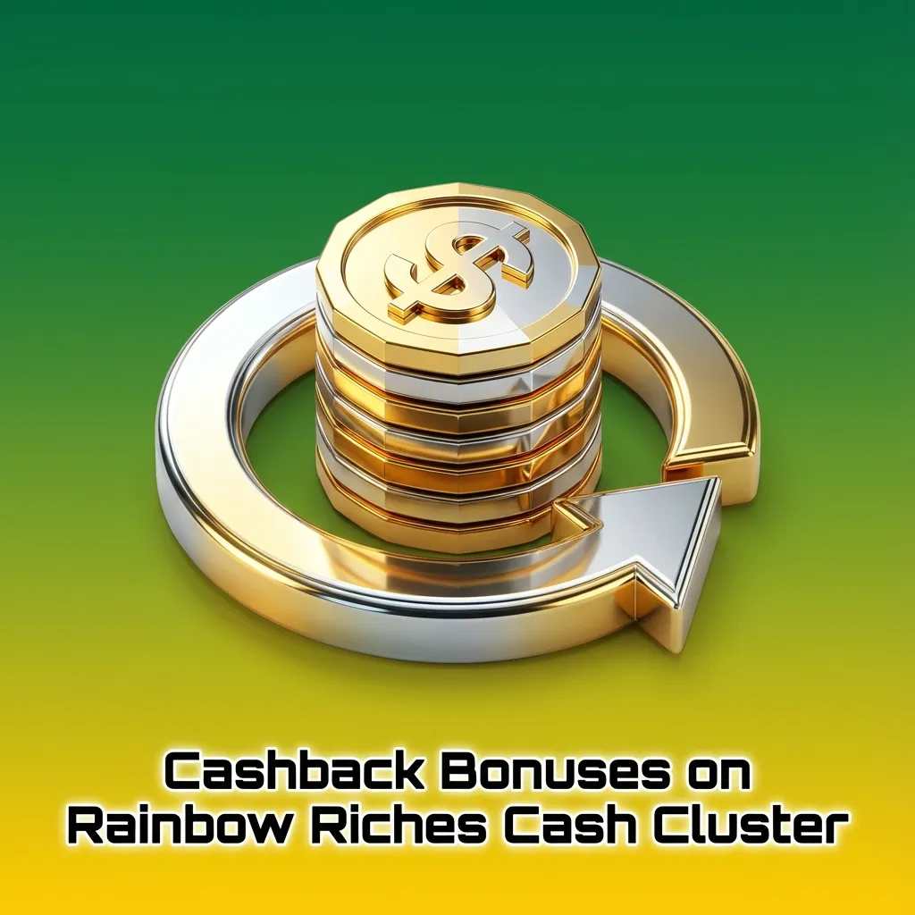 Colorful Rainbow Riches Cash Cluster slot screen with text promoting weekly casino cashback on net losses