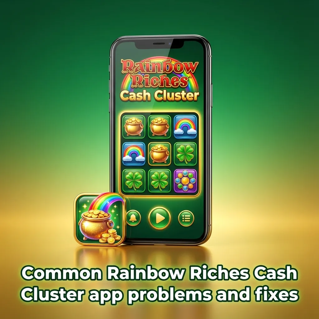 Infographic listing common Rainbow Riches Cash Cluster app problems with short troubleshooting tips for UK players