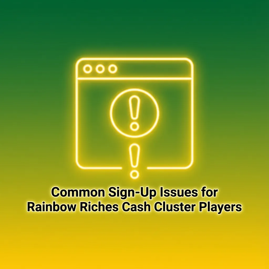 Illustrated checklist of common Rainbow Riches Cash Cluster sign‑up issues with icons for email, phone, documents, account and support
