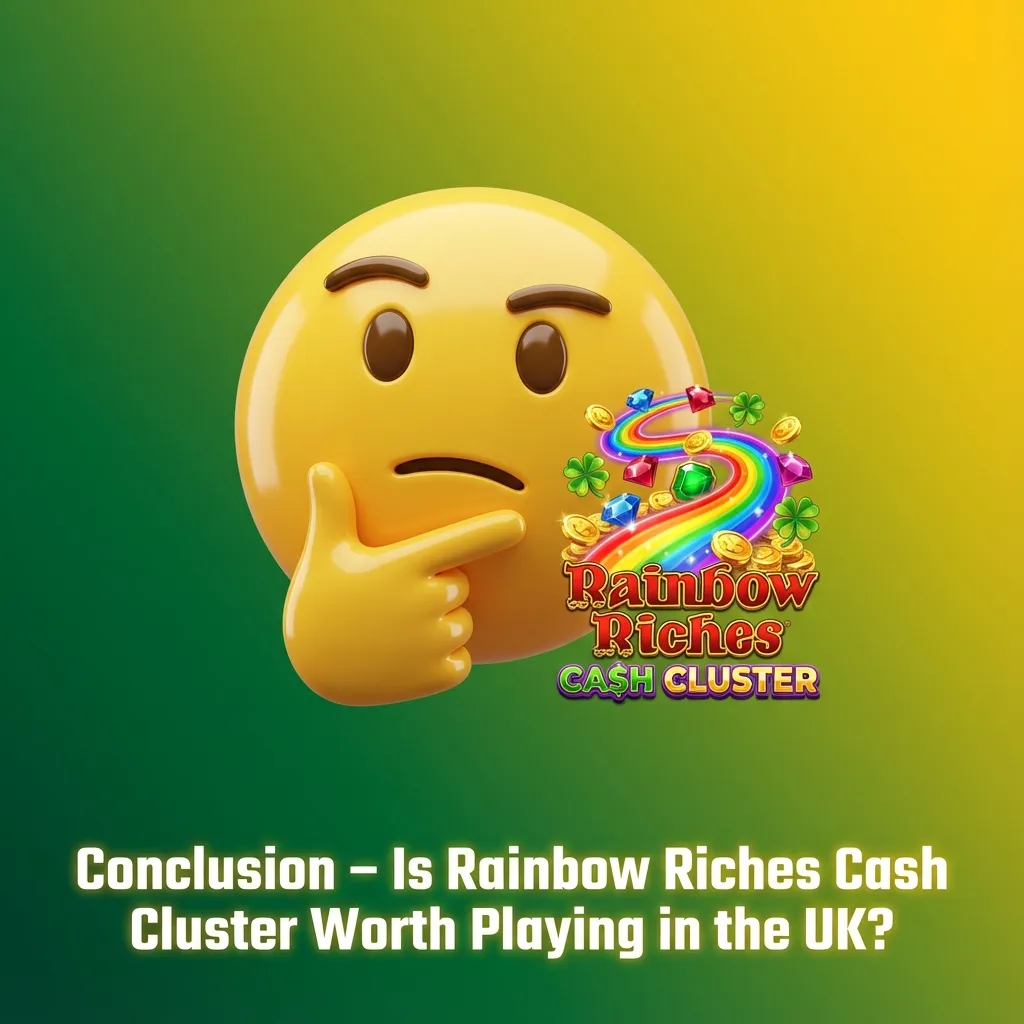 Rainbow Riches Cash Cluster slot with bright symbols, cluster wins and responsible gambling reminder for UK players