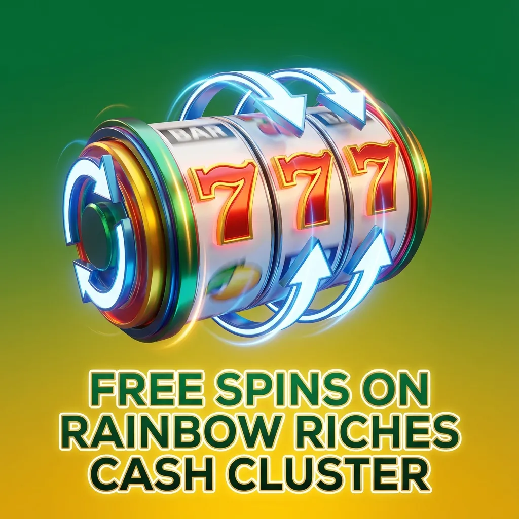 Promo banner for Free Spins on Rainbow Riches Cash Cluster with colorful reels and casino bonus text