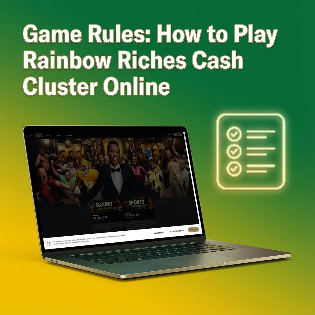 Illustrated Rainbow Riches Cash Cluster slot screen with cluster win symbols and brief rules on betting, modifiers, and random outcomes