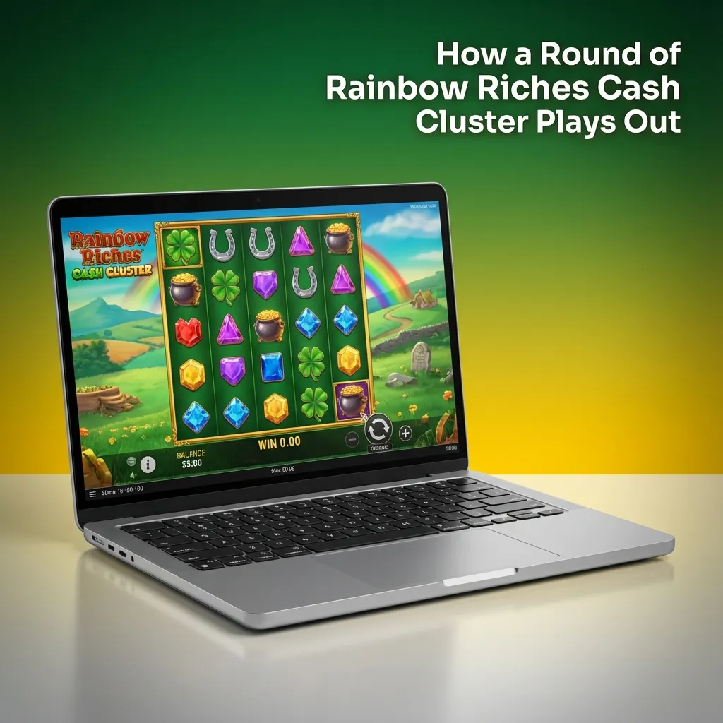 Diagram of Rainbow Riches Cash Cluster round on a 7x7 grid, with spin button, stake controls, and cascading symbol wins