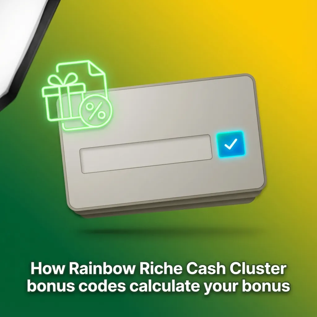 Infographic explaining how Rainbow Riches Cash Cluster bonus codes match deposits, cap bonuses, and add free spins