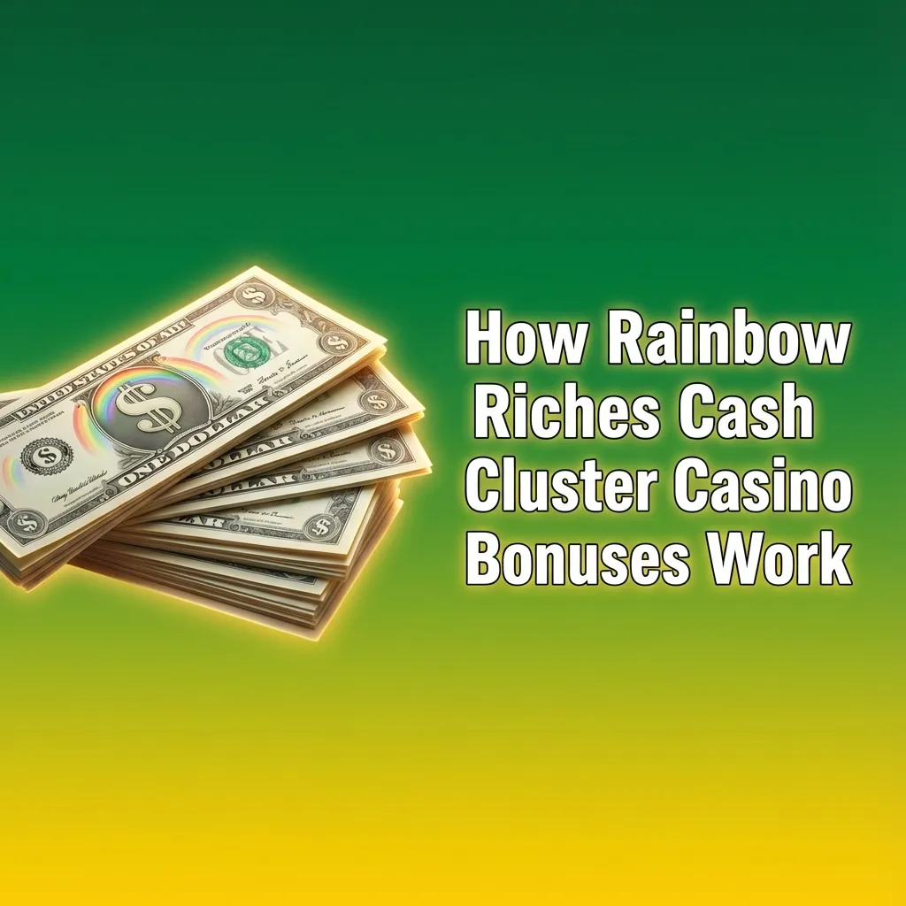 Illustration of Rainbow Riches Cash Cluster slot with bonus coins, free spins icons, and welcome offer banners