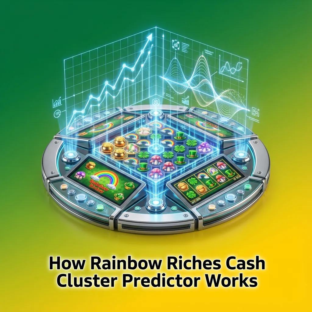 Phone screen showing Rainbow Riches Cash Cluster predictor app with charts, bet suggestions, and percentage chance indicators