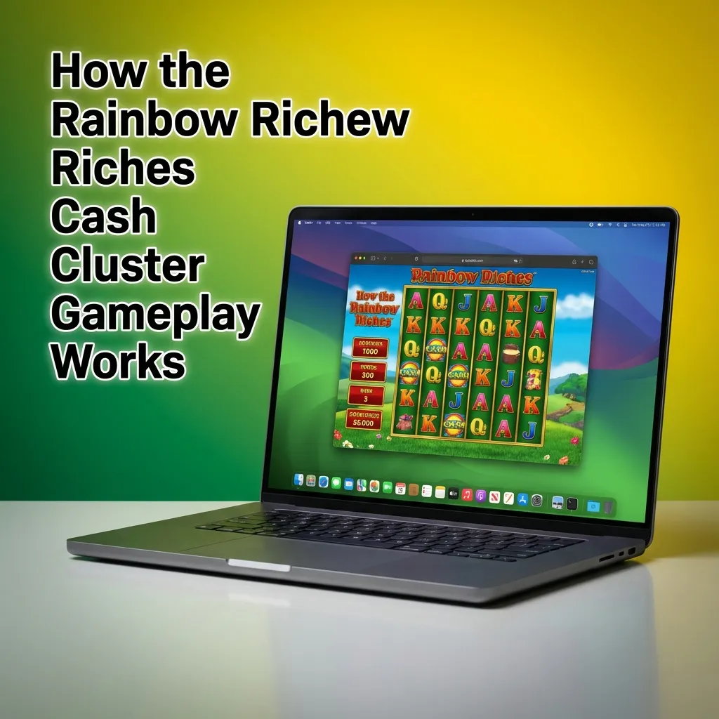 Screenshot of Rainbow Riches Cash Cluster grid with Irish symbols and mobile-friendly betting controls below the reels