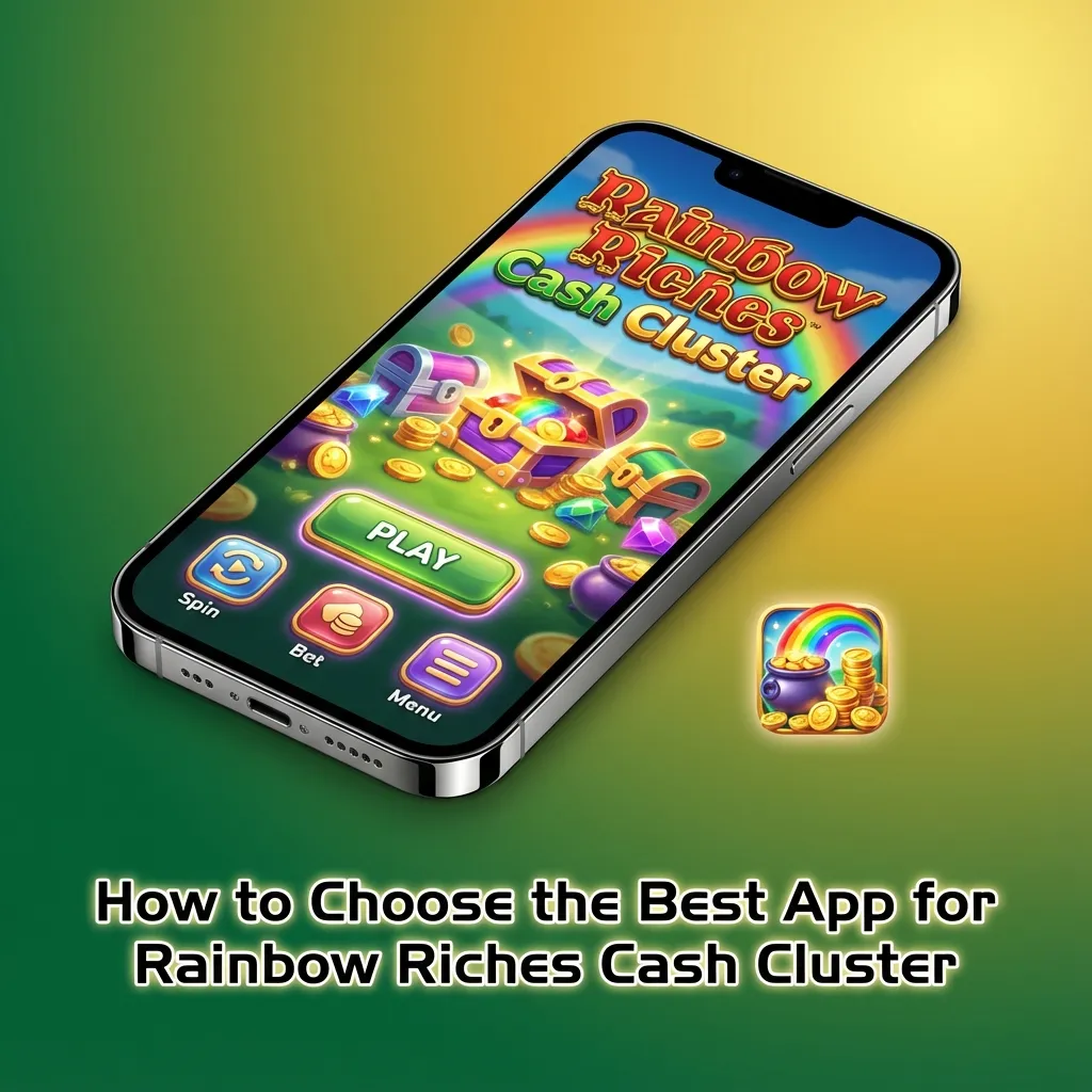 Phone screen showing Rainbow Riches Cash Cluster app, with checklist of licensing, bonuses, payments, and support options