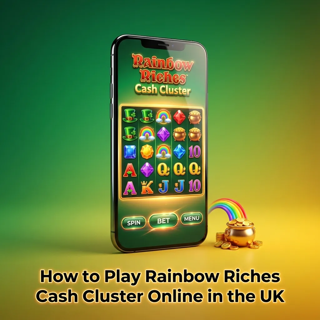 Step-by-step infographic showing how to register, deposit, play Rainbow Riches Cash Cluster, and withdraw at UK casinos