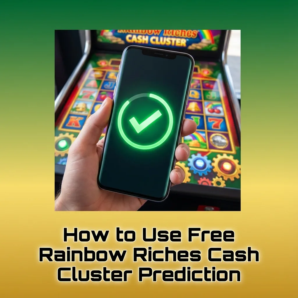Illustrated guide showing steps to use a free Rainbow Riches Cash Cluster Predictor trial alongside demo casino play