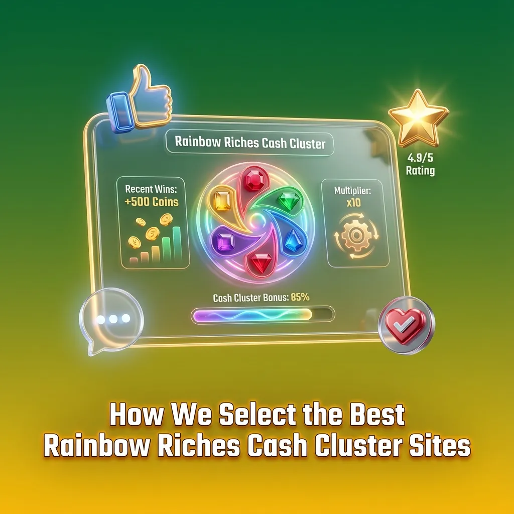 Illustration showing experts reviewing and rating UK Rainbow Riches Cash Cluster casino sites on various quality criteria