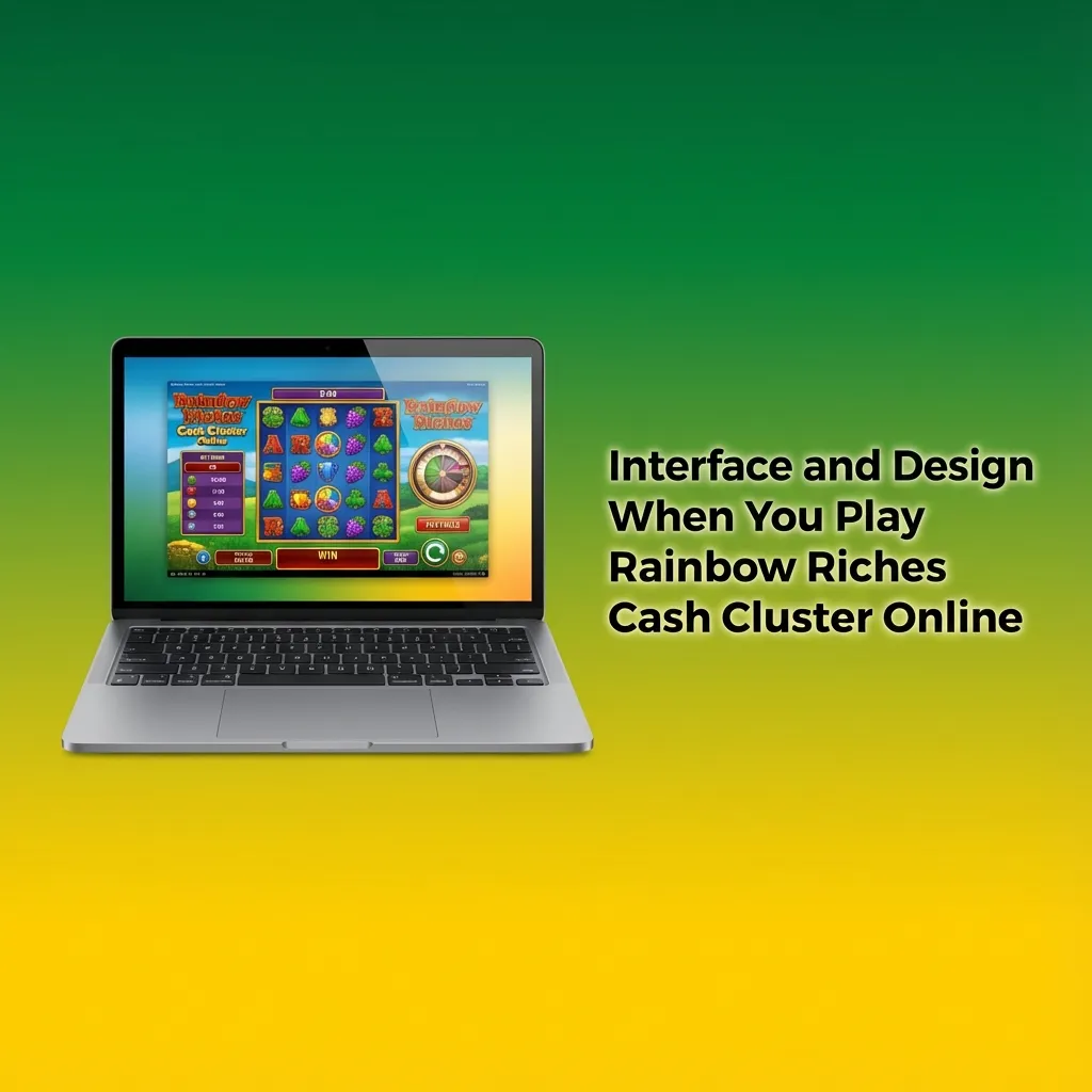 Rainbow Riches Cash Cluster slot interface with colorful Irish symbols grid, win highlights, balance, and large spin controls