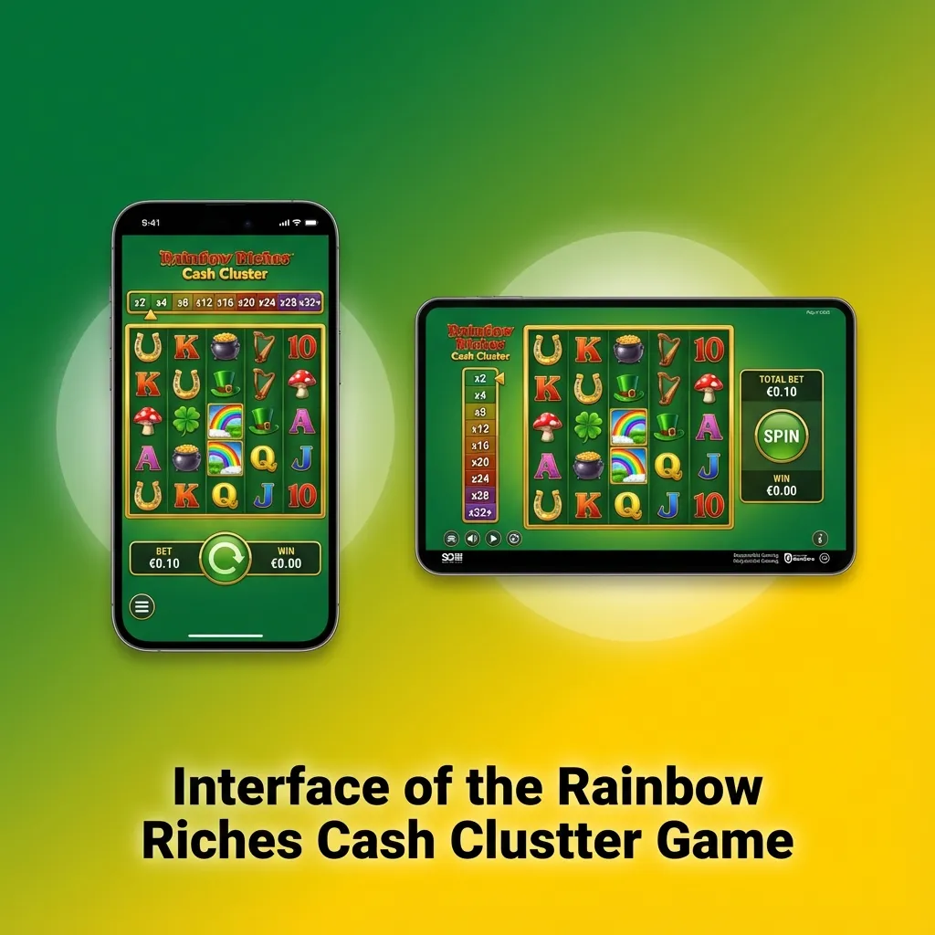 Rainbow Riches Cash Cluster game screen with central cluster grid, Irish-themed art, paytable, and controls below