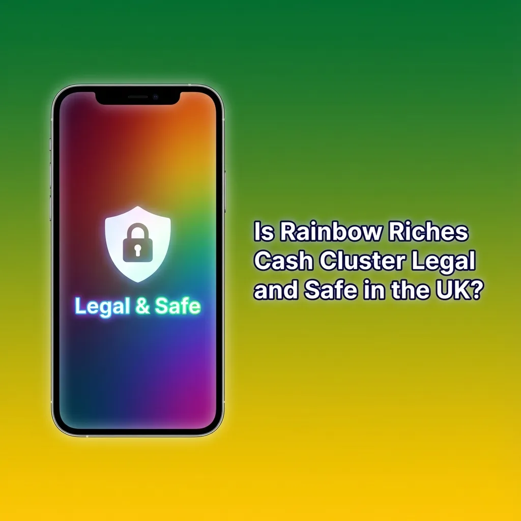 Graphic asking if Rainbow Riches Cash Cluster is legal and safe for UK players, with icons for licence, security, and fairness
