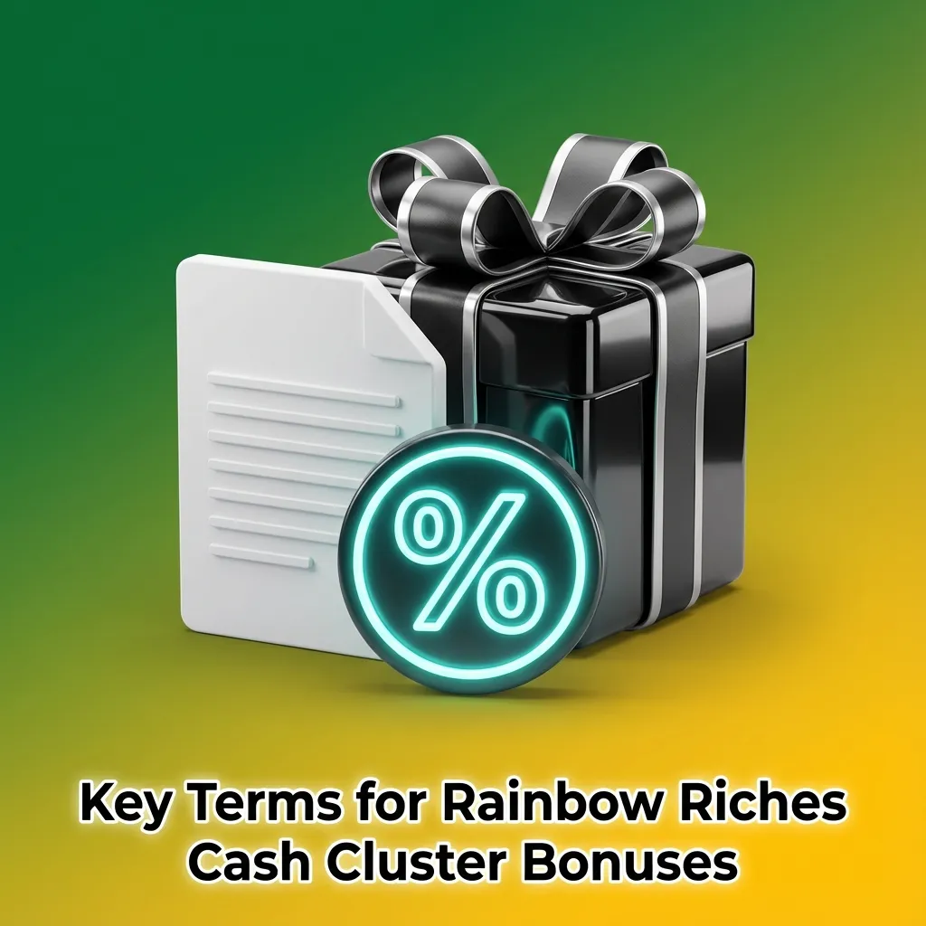 Infographic titled “Key Terms for Rainbow Riches Cash Cluster Bonuses” listing rules on wagering, limits, caps, and expiry dates.