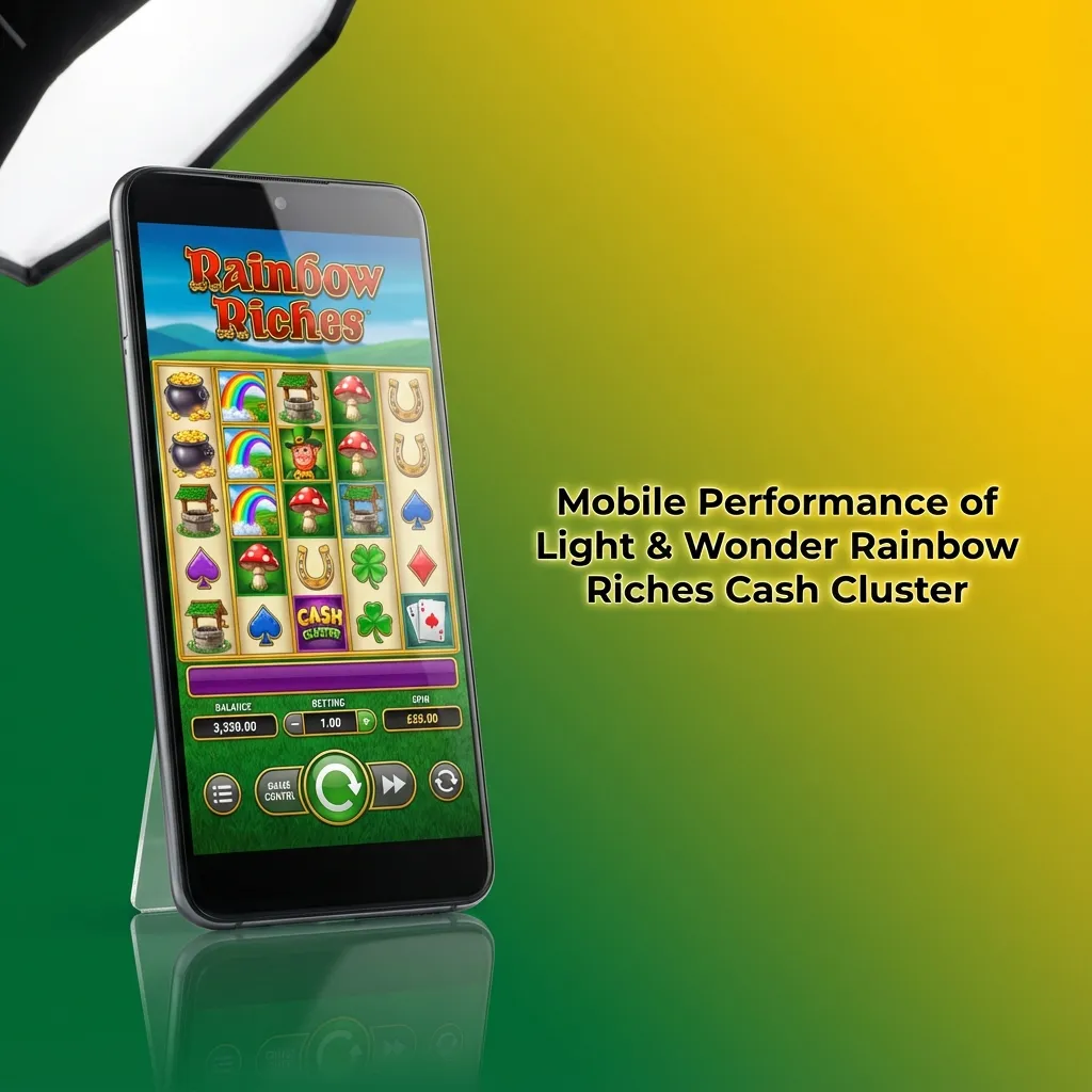 Smartphone showing Rainbow Riches Cash Cluster slot game with clear buttons and crisp graphics in mobile portrait mode