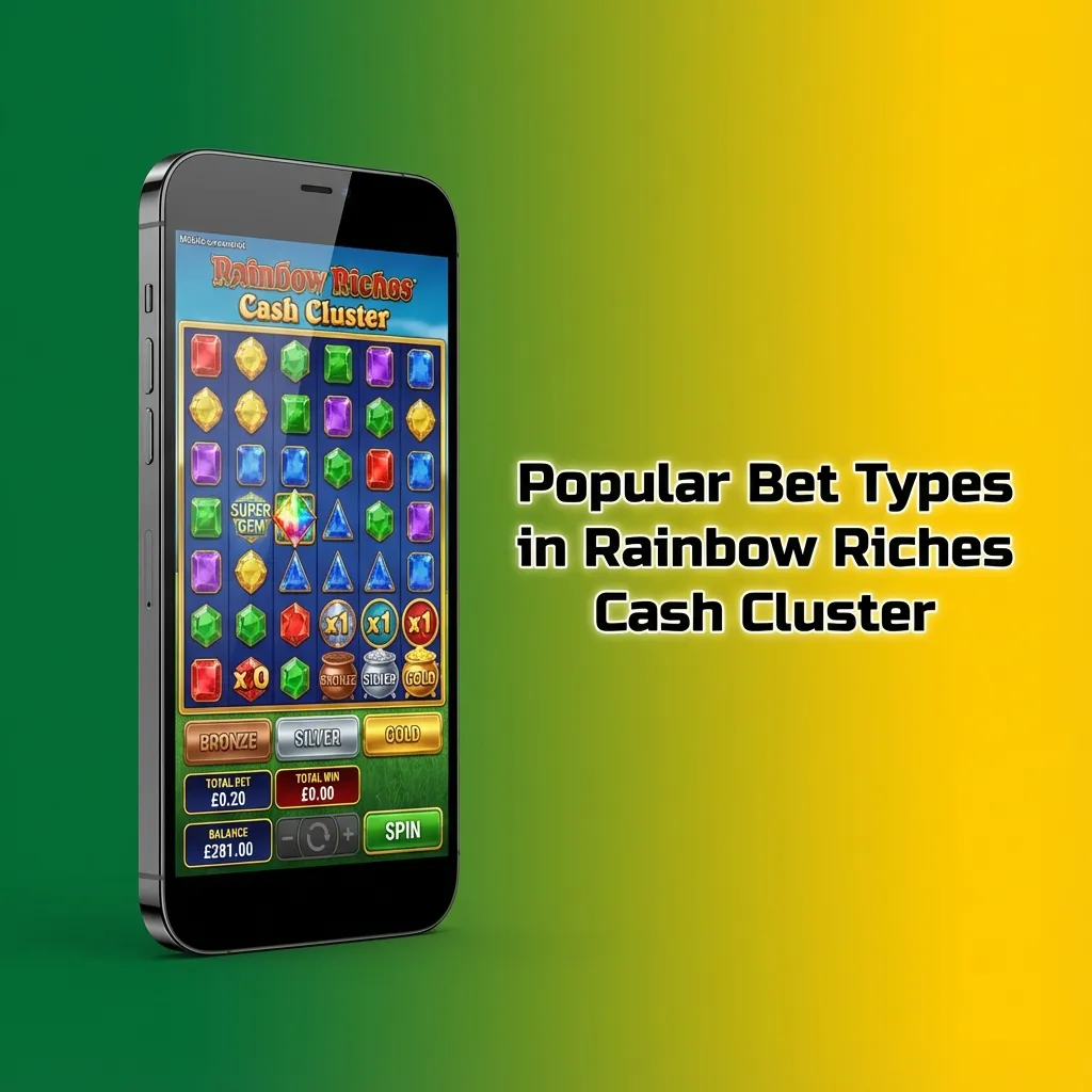 Infographic titled “Popular Bet Types in Rainbow Riches Cash Cluster,” showing bet size options and autoplay settings with limits