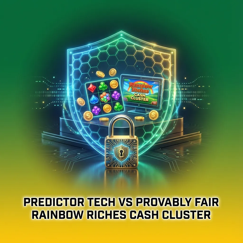 Illustration contrasting predictor tech with provably fair Rainbow Riches Cash Cluster RNG slots, highlighting independent results