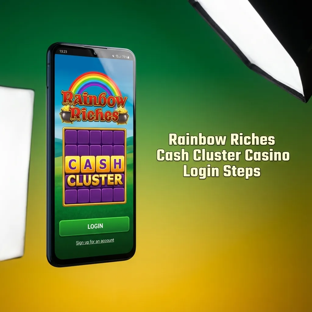 Diagram showing BetMGM app login steps and searching for the Rainbow Riches Cash Cluster slot game