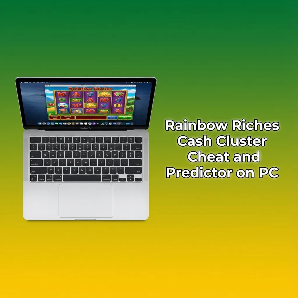 PC screen showing Rainbow Riches Cash Cluster Predictor software alongside an online casino game window