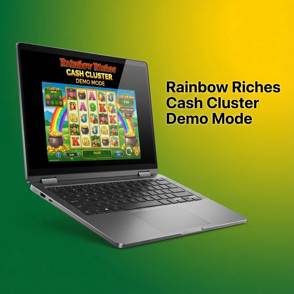 Rainbow Riches Cash Cluster slot game screen in demo mode with virtual credit balance and colorful reels