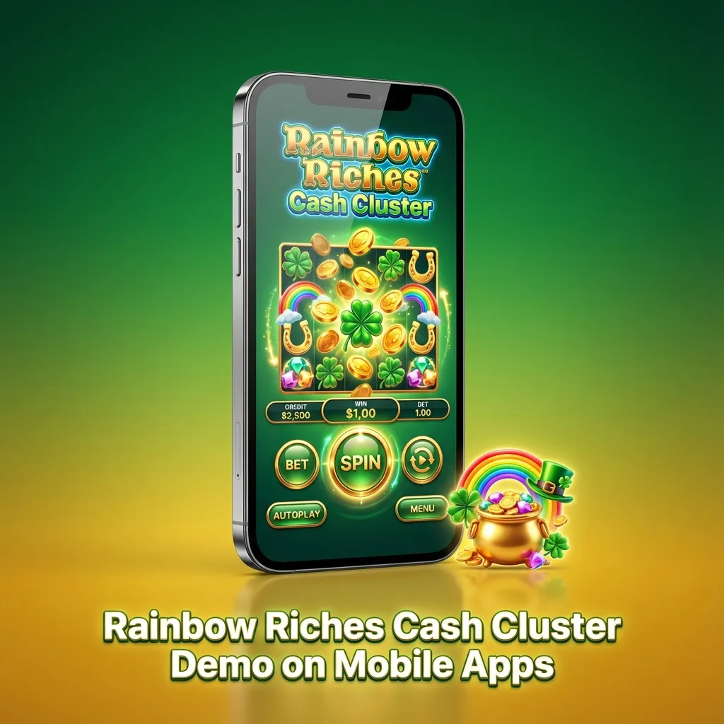 Smartphone displaying Rainbow Riches Cash Cluster demo slot game with grid, bet controls, and spin button visible
