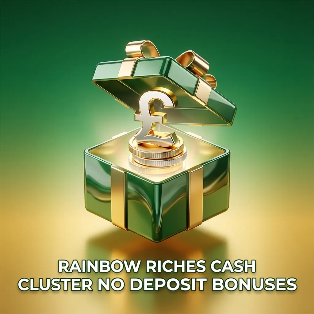 Rainbow Riches Cash Cluster no deposit bonus banner with coins and free spins icons on a colorful rainbow background