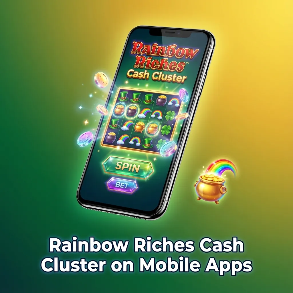 Smartphone showing Rainbow Riches Cash Cluster slot game app with colorful cluster grid and casino menu icons