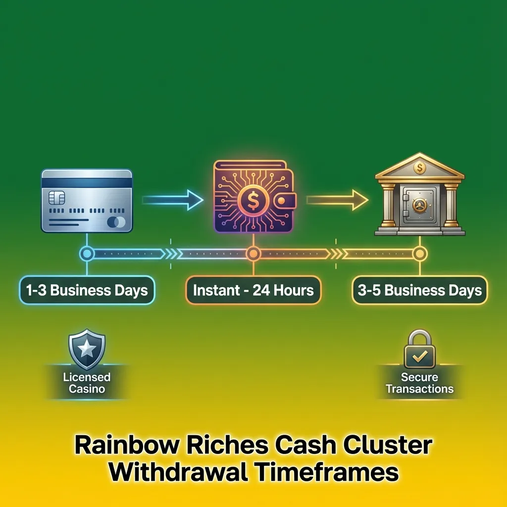Infographic showing Rainbow Riches Cash Cluster withdrawal times by method: e-wallet hours, cards 1–3 days, bank 1–5 days.