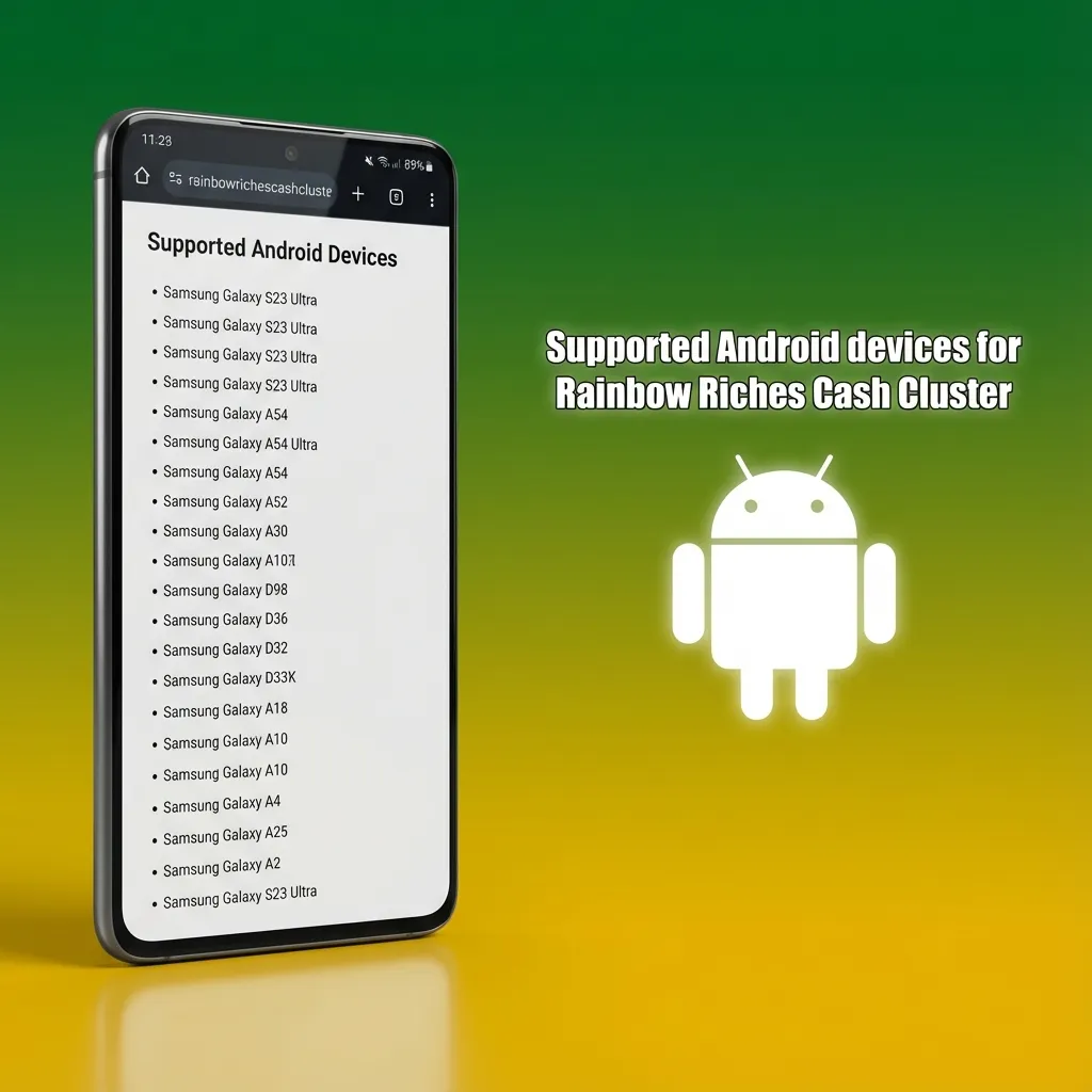 Graphic listing supported Android phones for Rainbow Riches Cash Cluster, from budget to flagship UK models (2020–2025).