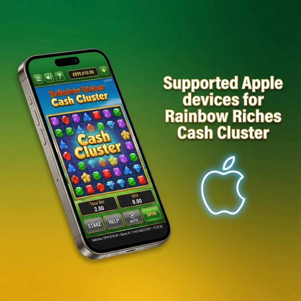 Various iPhones and iPads displaying the Rainbow Riches Cash Cluster casino app on their screens