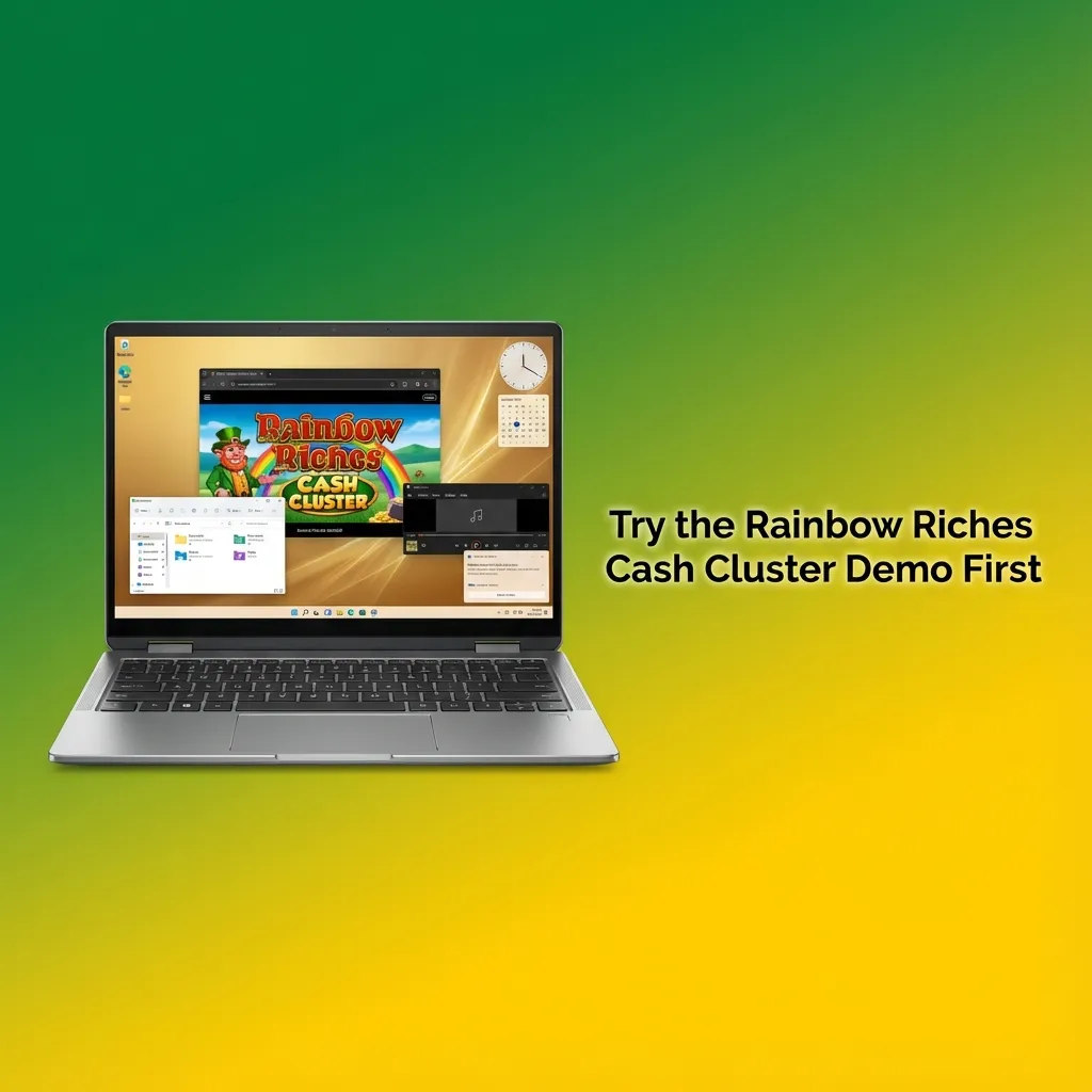 Rainbow Riches Cash Cluster slot demo screen with colorful reels, clusters, and play-money balance highlighted