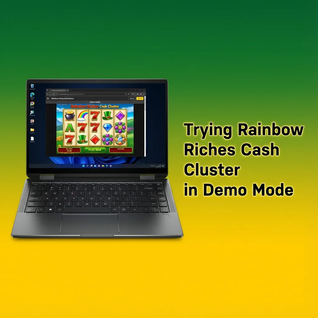 Player spinning the Rainbow Riches Cash Cluster 7x7 grid in demo mode with virtual credits on a UK casino site