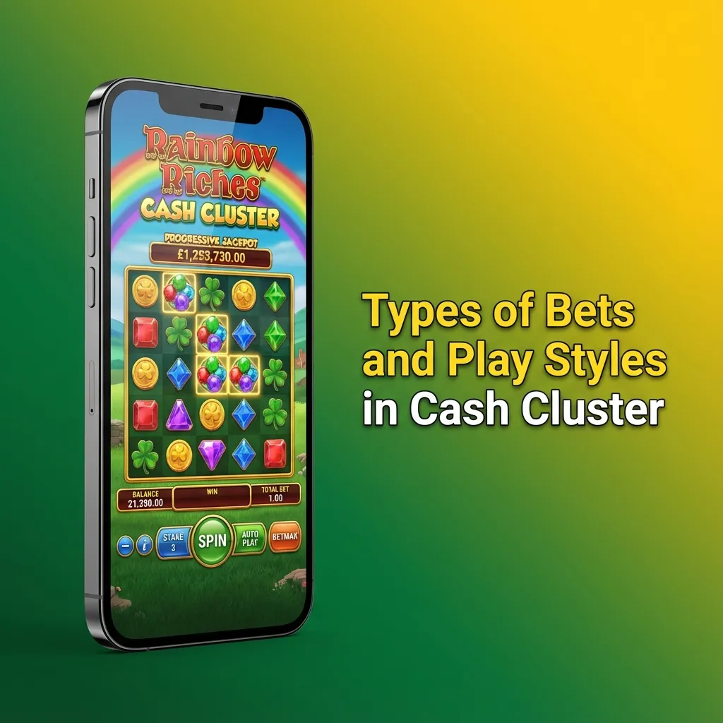 Infographic titled “Types of Bets and Play Styles in Cash Cluster” showing cautious, balanced, and risky betting approaches