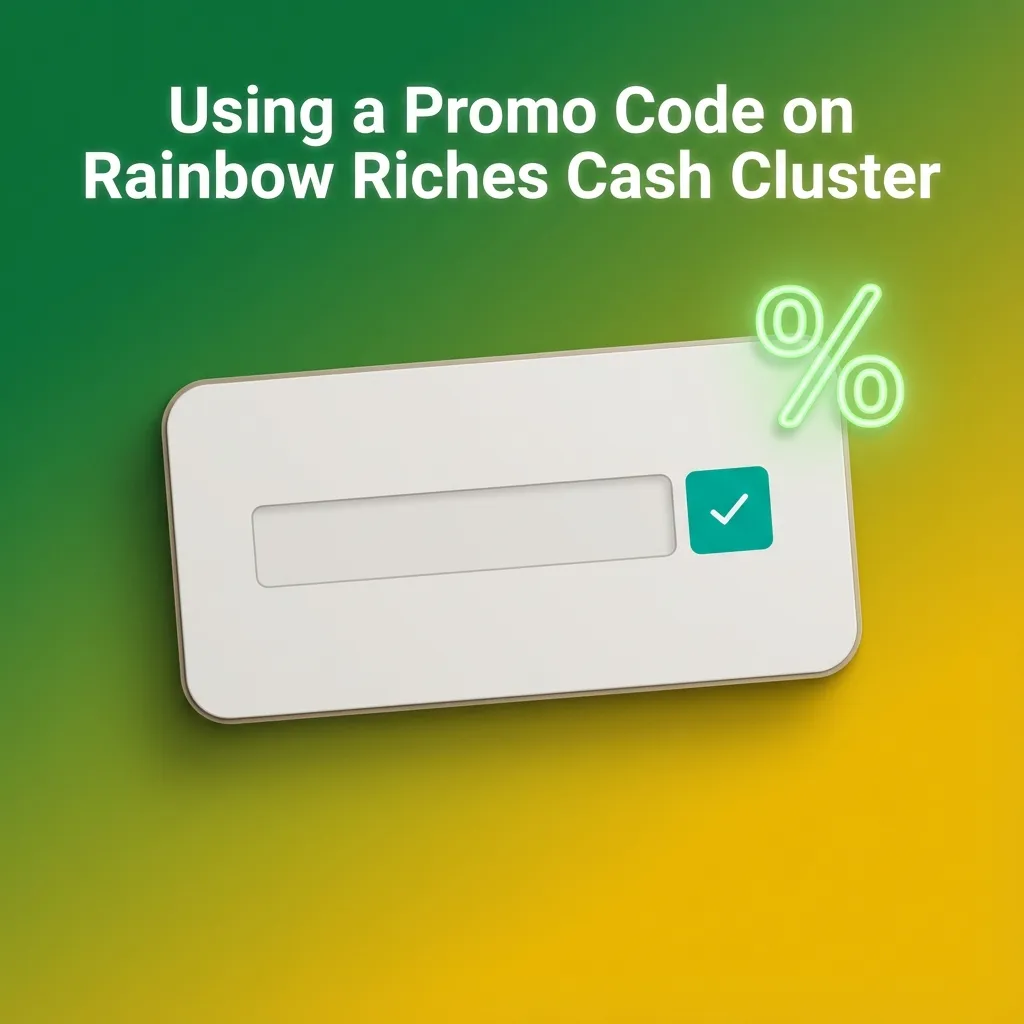 Player entering a promo code on Rainbow Riches Cash Cluster signup screen, highlighting bonus field and terms link