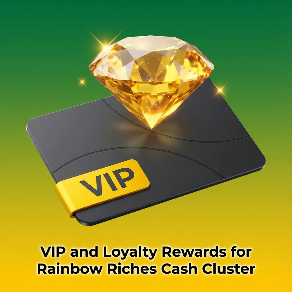 VIP players celebrating Rainbow Riches Cash Cluster rewards, points and tiered loyalty perks on a vibrant casino-themed background