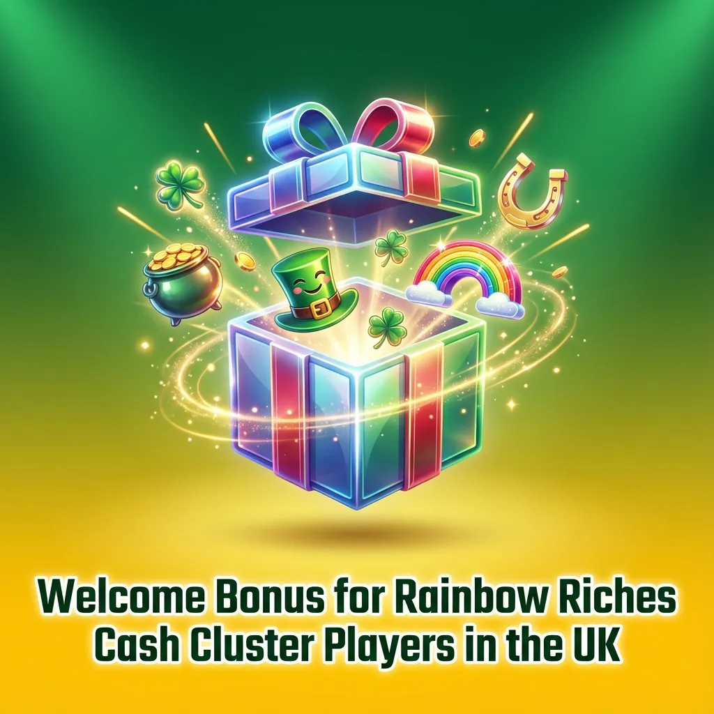 BetMGM UK welcome bonus promotion for Rainbow Riches Cash Cluster, highlighting Bet £10 Get £20 and free spins offer