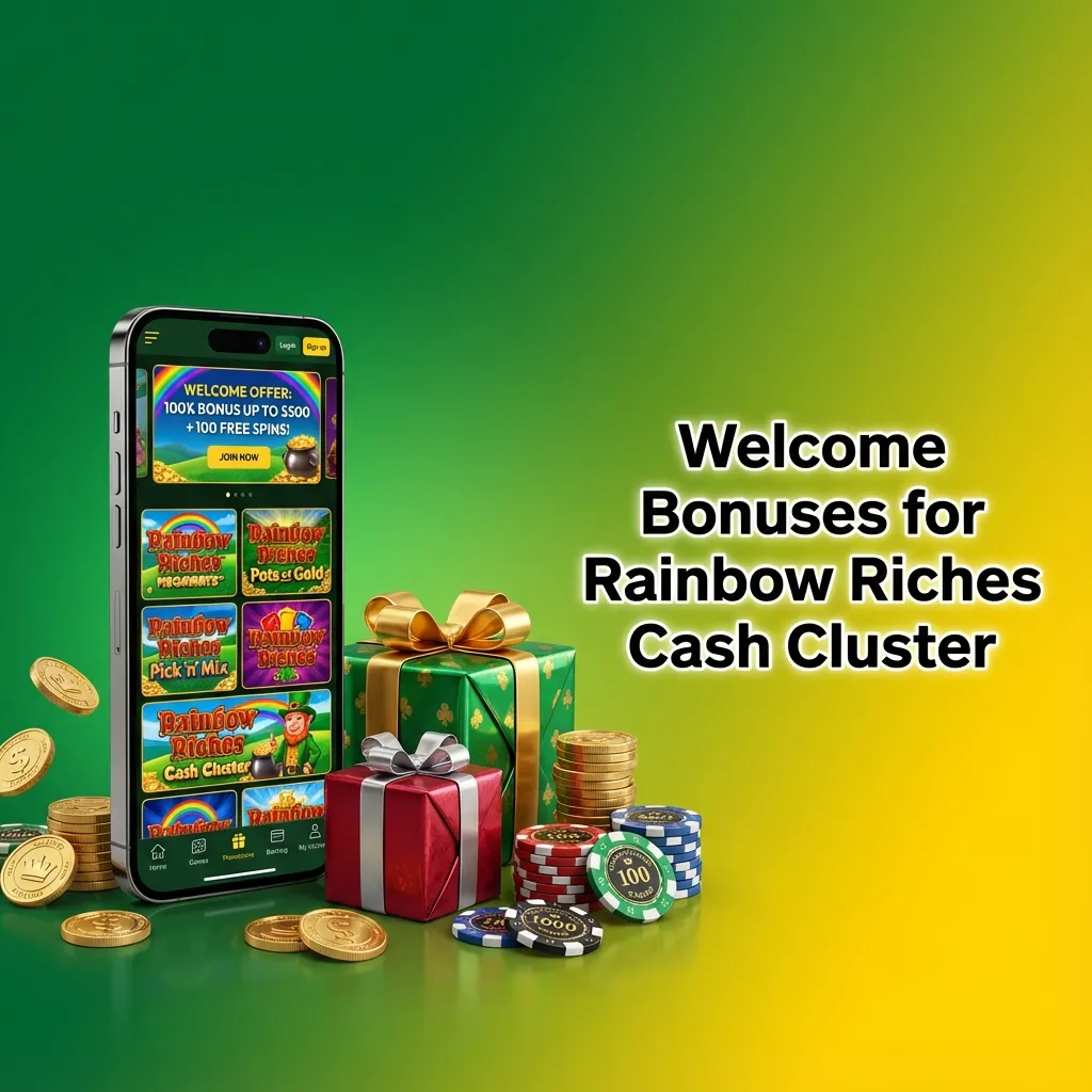 Promotional banner for Rainbow Riches Cash Cluster welcome bonus with matched first deposit and free spins for new players.