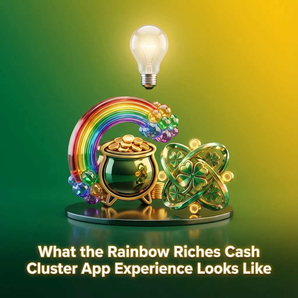 Smartphone showing Rainbow Riches Cash Cluster slot within a UK casino app, with balance and navigation icons visible