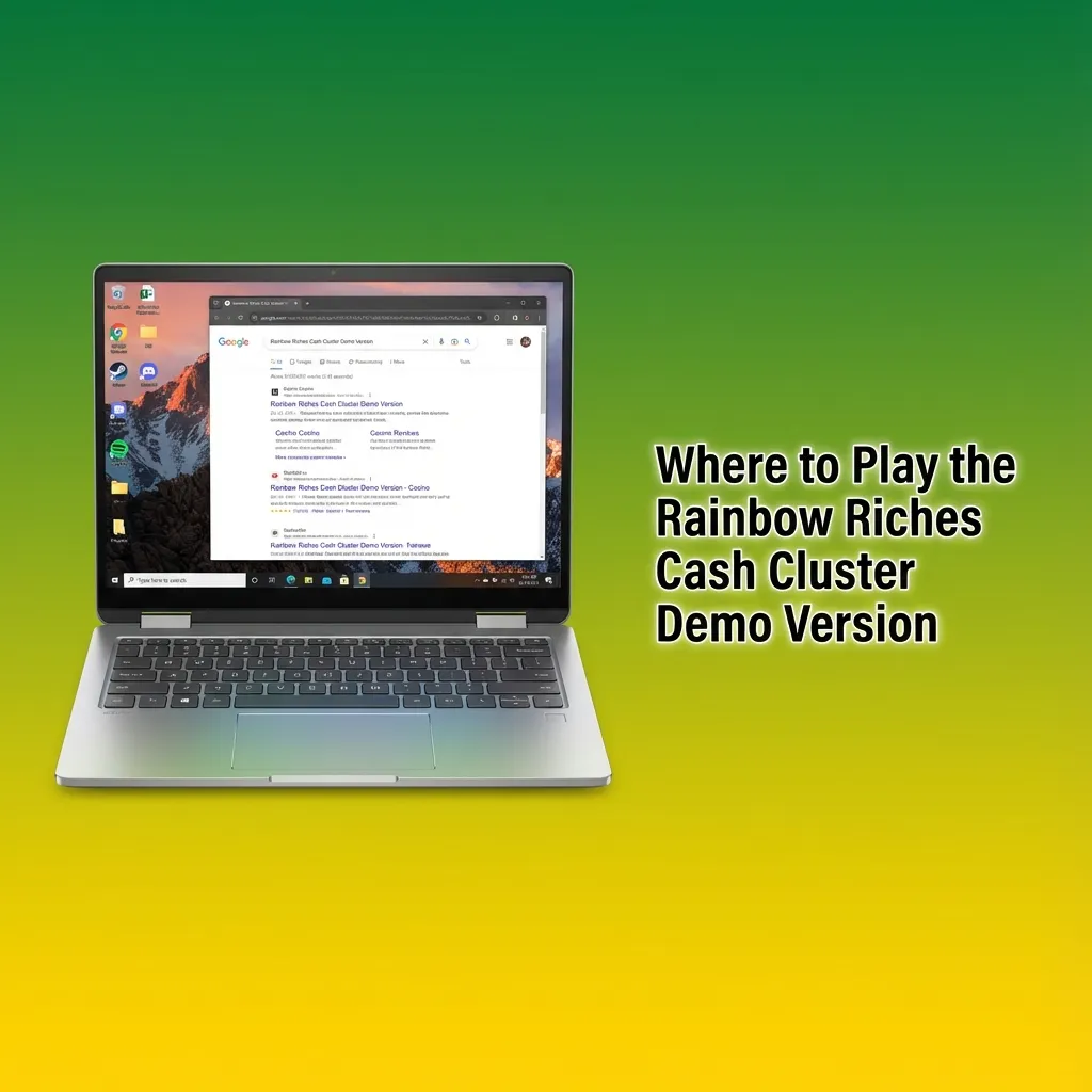 Screenshot of the Rainbow Riches Cash Cluster demo slot game with colorful reels and on-screen betting controls