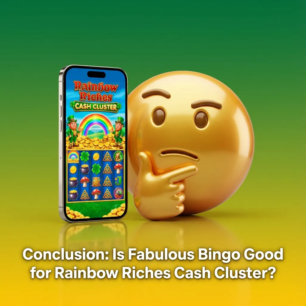 Fabulous Bingo Rainbow Riches Cash Cluster app shown on a smartphone with bingo cards and casino icons in the background