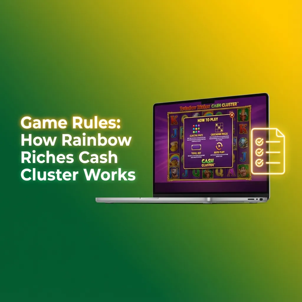 Infographic explaining Rainbow Riches Cash Cluster grid, symbol clusters, spins, cascading wins, bonuses, and betting rules