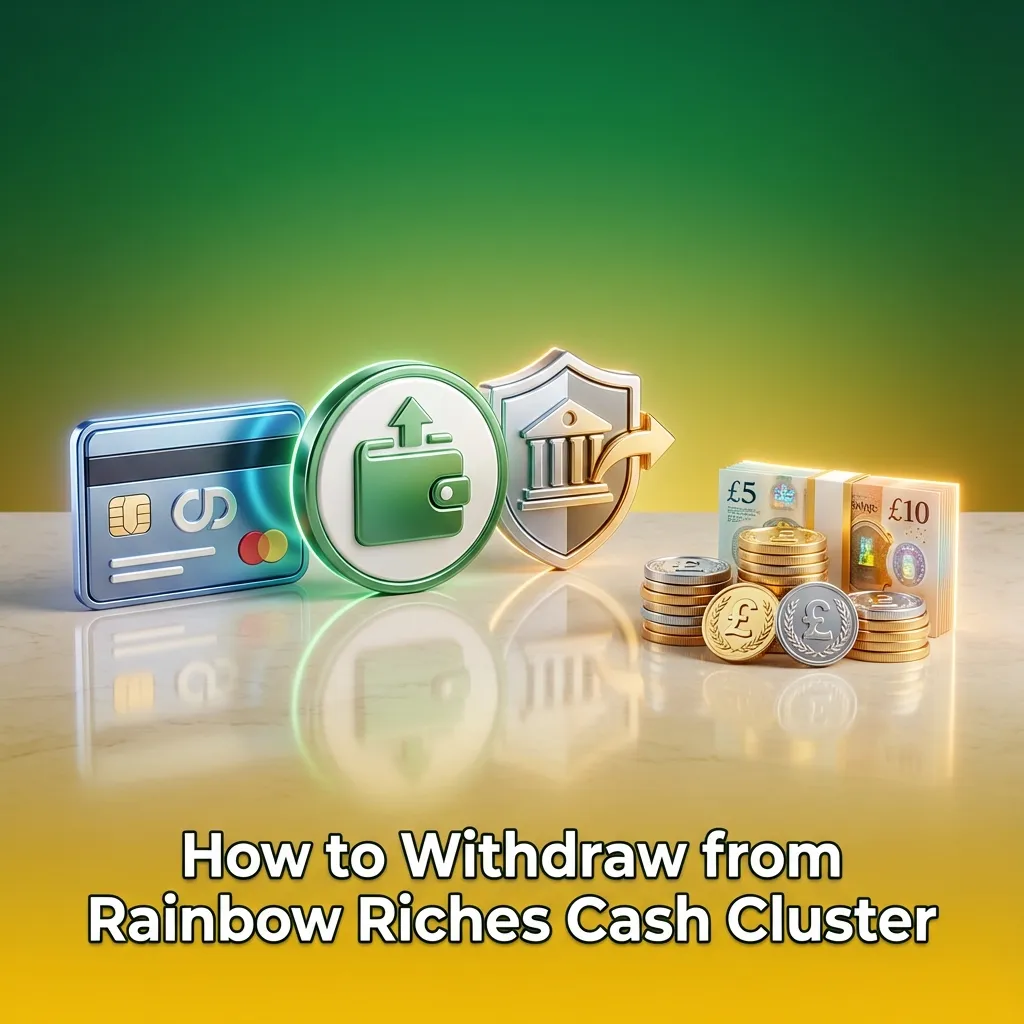 Illustrated steps in the Fabulous Bingo app showing how to withdraw winnings from Rainbow Riches Cash Cluster