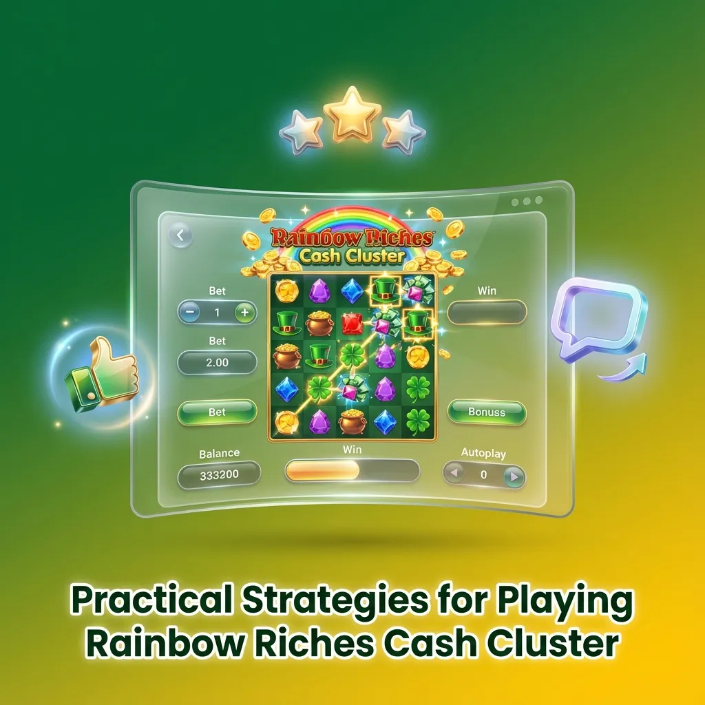 Infographic titled “Practical Strategies for Playing Rainbow Riches Cash Cluster” with tips on stakes, session length, and limits