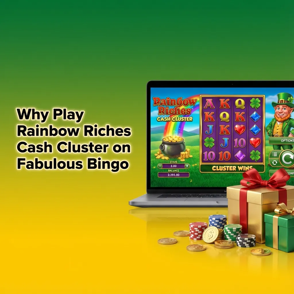 Promotional banner for Rainbow Riches Cash Cluster on Fabulous Bingo highlighting features, safety, and mobile-friendly play